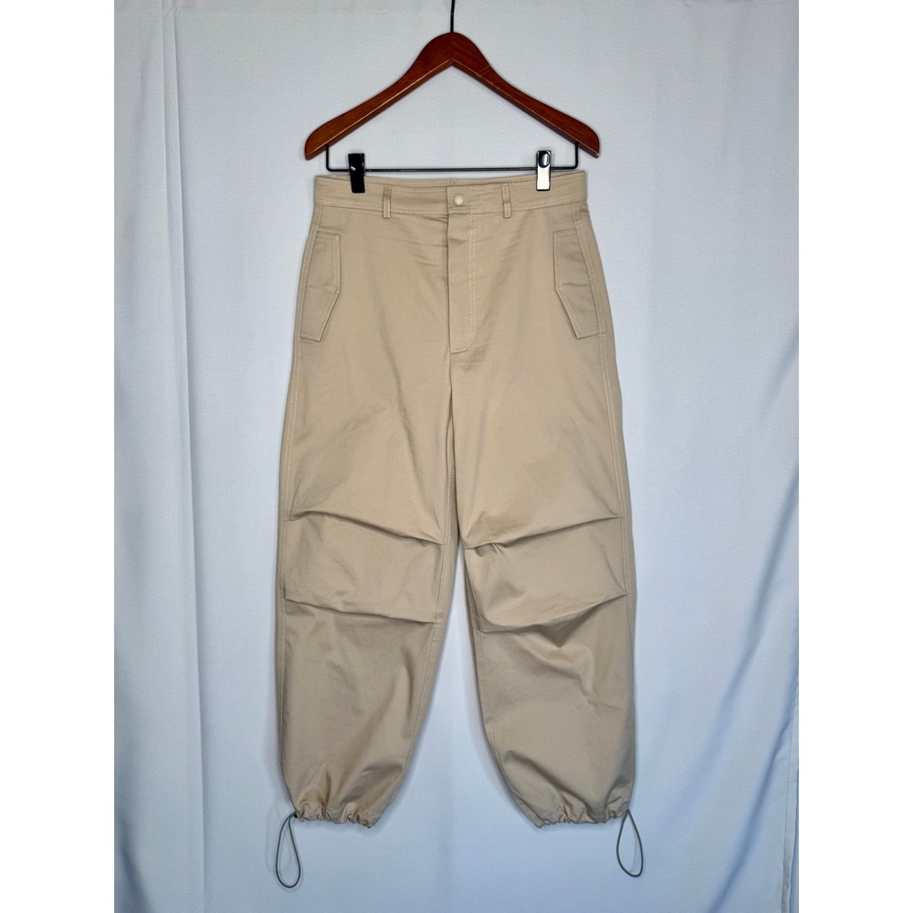 ZARA Tan Khaki Stretch Cotton Pleated Knee Wide Leg‎ Parachute Pants Size Large
